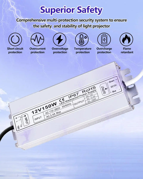 Beefy 150W 12V DC LED Power Supply Waterproof IP67 Outdoor Transformer with safety features for LEDs and CCTV cameras