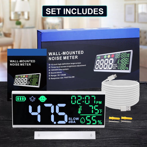 Dope 13 Inch LED Decibel Meter With Time Temperature Humidity Readouts Measures 30 To 130 dB Wall Mount Or Desktop Sound Level Monitor With Buzzer Alarm For Classroom Studio And Home Use, shown with box and USB cable