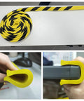 Heavy Duty U Channel Edge Corner Guard 197 Inch Yellow Black Self Adhesive NBR Foam Safety Tape laid out and installed on desk edges.