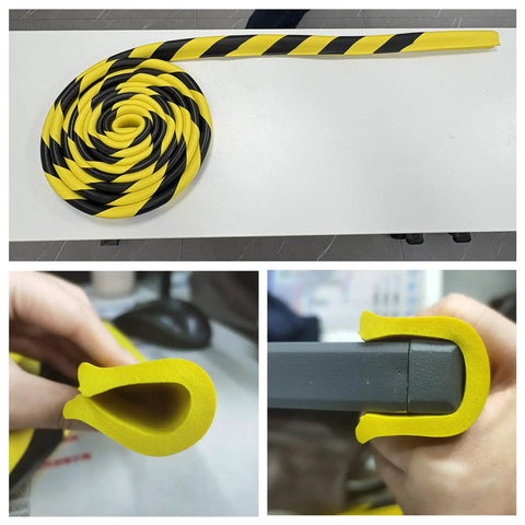 Heavy Duty U Channel Edge Corner Guard 197 Inch Yellow Black Self Adhesive NBR Foam Safety Tape laid out and installed on desk edges.