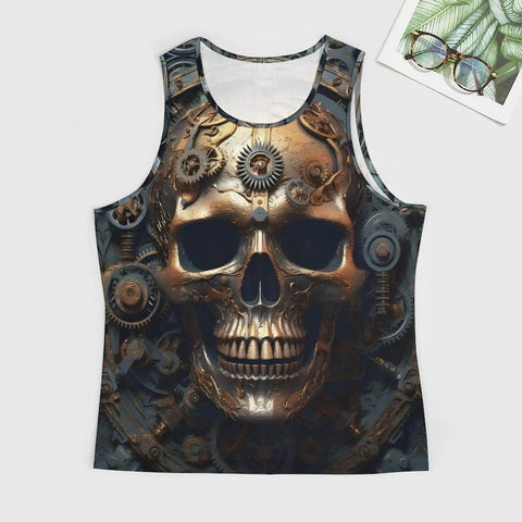 Men Fly Skull Printed Tank Top Fresh 3D Mechanical Metal Graphic Sleeveless Muscle Shirt Relaxed Fit Polyester Cotton Blend Hype Streetwear Gym Tank 4X Large Drip with intricate skull design and gear details.