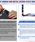 Comparison between silicone and metal license plate frames; shows durability of 2 Pack Universal Aluminum Matte Stripe US Flag License Plate Frame Covers With Free Screws Fasteners Caps For Front Or Rear Mount Glossy Patriotic Car Tag Frame Rustproof Weatherproof USA Flag Style For Your Ride