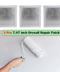 Three self-adhesive drywall repair patches with a person using a roller, labeled 7.87 Inch Drywall Repair Patch Kit Peel And Stick For Large Holes Quick Fixes Sheetrock Ceiling Plaster Aluminum Wall Repair Patch Three Pack Durable Self Adhesive No Tools Required For Home DIY Repairs