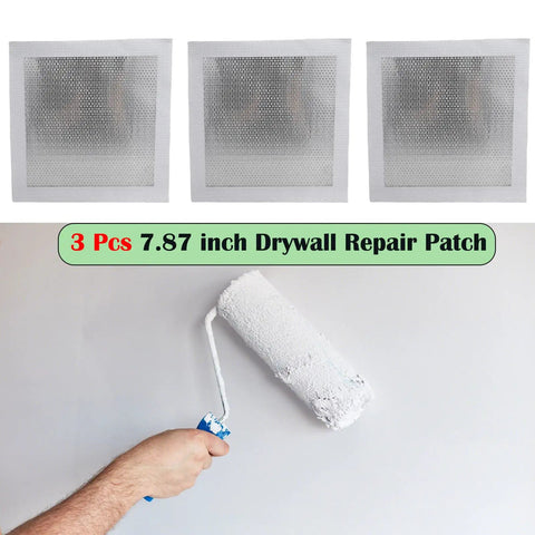 Three self-adhesive drywall repair patches with a person using a roller, labeled 7.87 Inch Drywall Repair Patch Kit Peel And Stick For Large Holes Quick Fixes Sheetrock Ceiling Plaster Aluminum Wall Repair Patch Three Pack Durable Self Adhesive No Tools Required For Home DIY Repairs