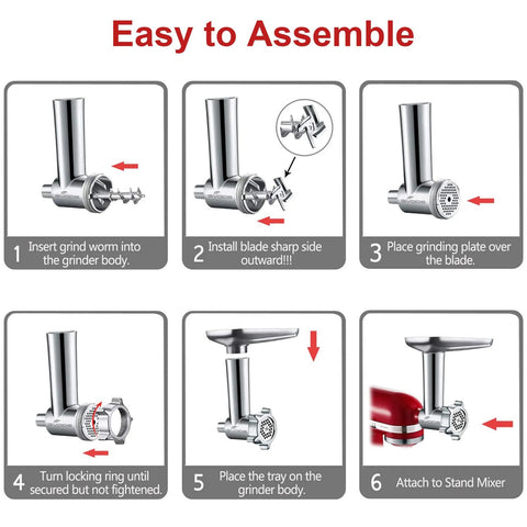 Meat grinder attachment for KitchenAid stand mixer; six-step assembly infographic.