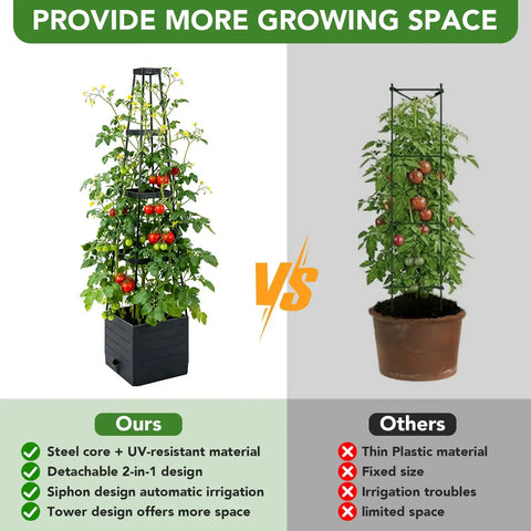 Comparison of two plant supports, highlighting 2 Pack Raised Garden Bed Planter Box With Trellis, 57 Inch for better growth space.