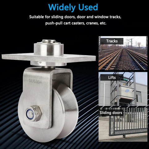 Heavy Duty V Groove Sliding Gate Rollers With Mounting Plate, 3 Inch 304 Stainless Steel Track Wheels, close-up view.