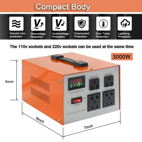 Heavy Duty 3000W Voltage Converter With LCD Display showing dimensions and outlets for home and travel use