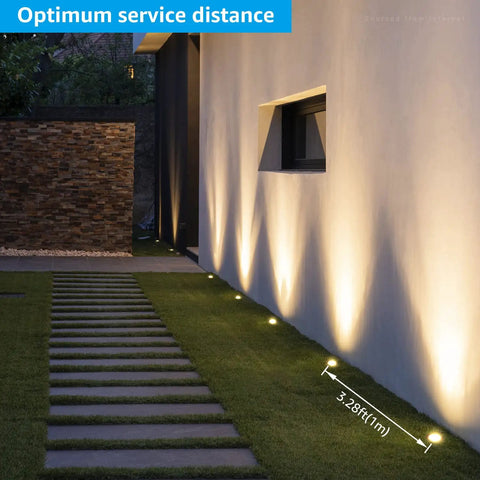 12 Pack 7W LED Landscape Well Lights, 720LM, 12-24V AC/DC Low Voltage, illuminating a walkway with warm white light