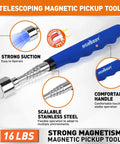 Heavy Duty 4 In 1 Magnetic Pick Up Tool Kit With Flexible Claw Grabber And 360 Degree Inspection Mirror For Getting Groceries Or Garage Items In Tight Spots Without Bending Over. telescoping stainless steel magnetic pickup tool, 16 lbs, blue handle