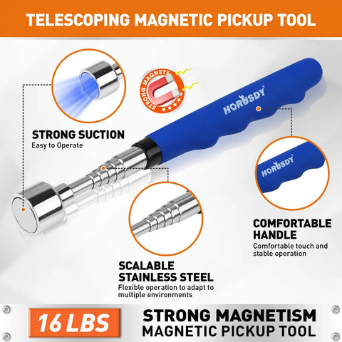 Heavy Duty 4 In 1 Magnetic Pick Up Tool Kit With Flexible Claw Grabber And 360 Degree Inspection Mirror For Getting Groceries Or Garage Items In Tight Spots Without Bending Over. telescoping stainless steel magnetic pickup tool, 16 lbs, blue handle