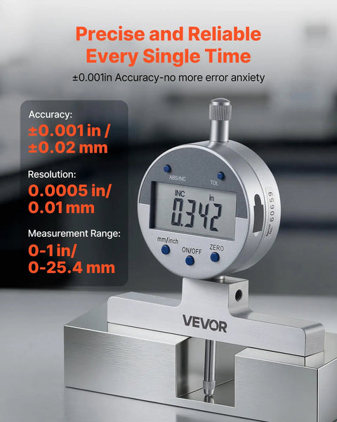 Beast Depth Micrometer Gauge Digital With 0-22 Inch Range 0.0005 Inch Precision And Four Anvils displayed on metal base