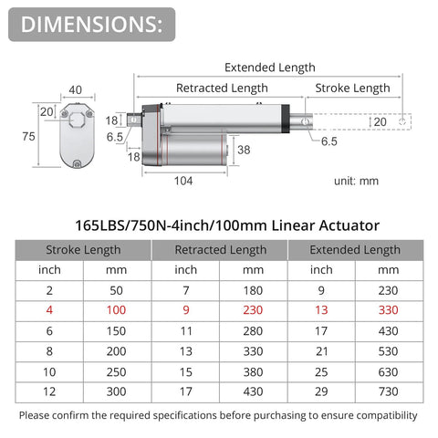 Linear actuator: 165 LBS/750N, 12V, 4-inch (100 mm) with mounting bracket; dimension diagram.