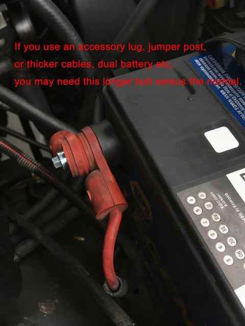 Extended Side Terminal Battery Bolts For Chevy 1992 Through 2002 C K Series Trucks installed on battery with red accessory lug