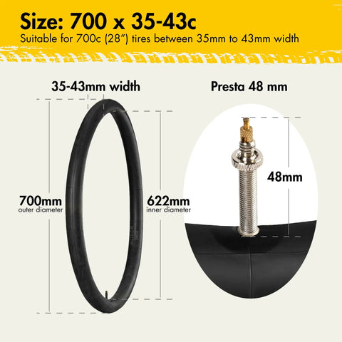 Diagram of Two Pack 700C Road Bike Inner Tubes Fits 700x35C To 700x43C 28 Inch Tires With 48mm Presta Valve 40-622 Size