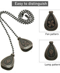 Four Pack 12 Inch Ceiling Fan Pull Chain Extenders in Black Copper Finish with fan and lamp drop shaped pendants and connectors.