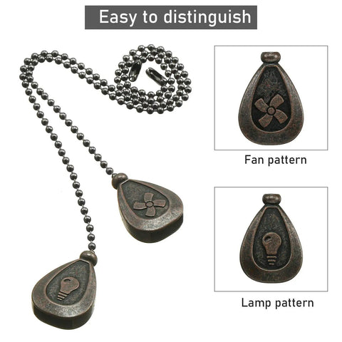 Four Pack 12 Inch Ceiling Fan Pull Chain Extenders in Black Copper Finish with fan and lamp drop shaped pendants and connectors.