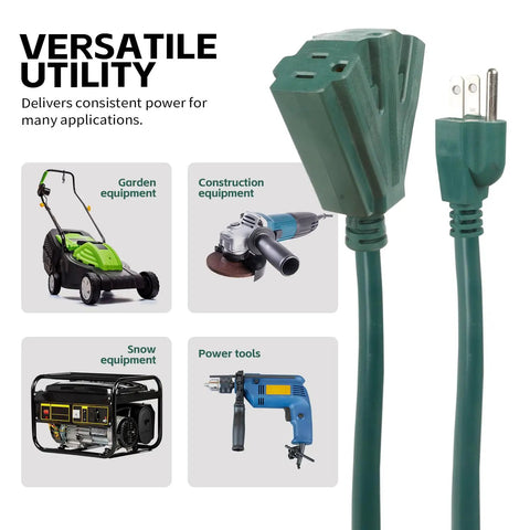 Heavy Duty Power Cord With Triple Tap Three Outlet Adapter, Sixteen Gauge SJTW Cables, Indoor And Outdoor Use, ETL Listed, Green