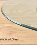 Close-up of tempered glass edge of Rotating Food Turntable For Dining Table With 360 Degree Spin, 33.5 inch centerpiece.