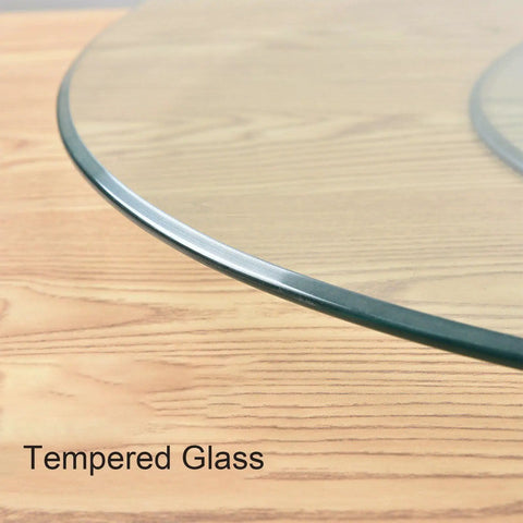Close-up of tempered glass edge of Rotating Food Turntable For Dining Table With 360 Degree Spin, 33.5 inch centerpiece.