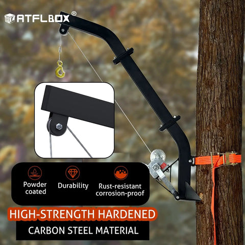 Beefy Tree Mounted Game Hoist With Winch And Ratchet Strap 500 Lbs Capacity Heavy Duty Deer Hanging System 26 Ft Steel Cable For Skinning And Field Dressing Quick Field Setup For Hunters, carbon steel tree mount