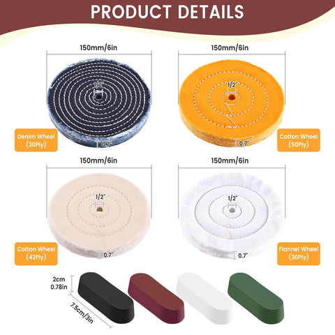 Amazon 8-piece 6-inch buffing wheel kit for bench grinder with 1/2-in arbor; denim, cotton, and flannel wheels