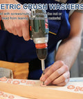 Premium Copper Flat Washers M16 20 Pack Heavy Duty Round Gaskets used with a drill on wood surfaces.