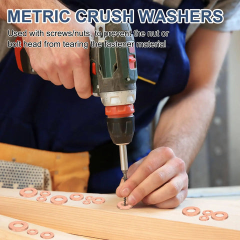 Premium Copper Flat Washers M16 20 Pack Heavy Duty Round Gaskets used with a drill on wood surfaces.