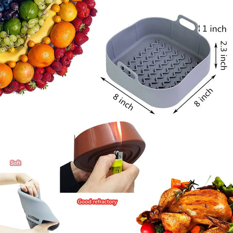 Two Pcs Silicone Air Fryer Liners 8 Inch Nonstick Reusable Parchment Paper Fits 3.6 to 6.8 Qt Square Air Fryers Easy Cleanup