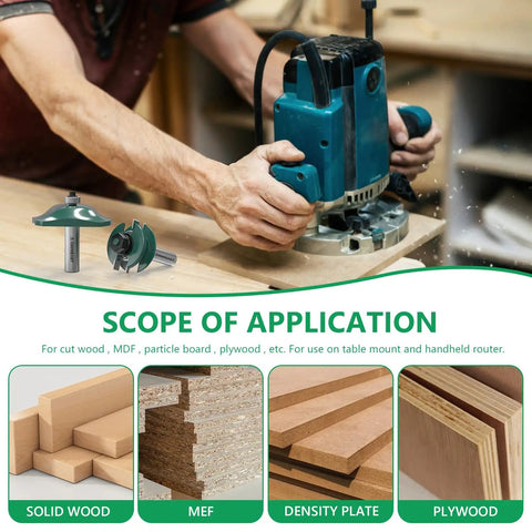 Woodworker using router with Pro Grade 3 Piece Cabinet Door Router Bit Set for precision cutting in wood, MDF, and plywood.