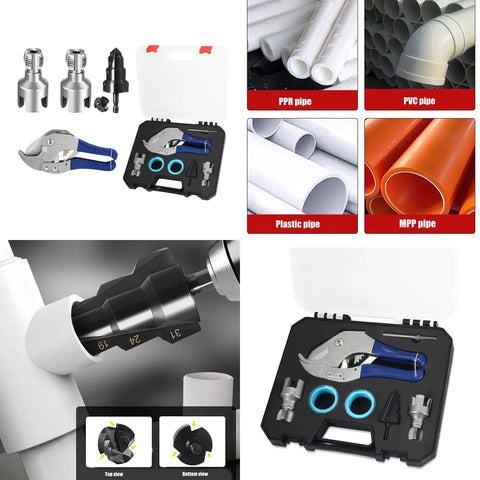 Heavy Duty Hexagonal Water Pipe Inner Hole Opener And Threader Tool For Electric Drill Repairs showing a kit with accessories and various pipes.
