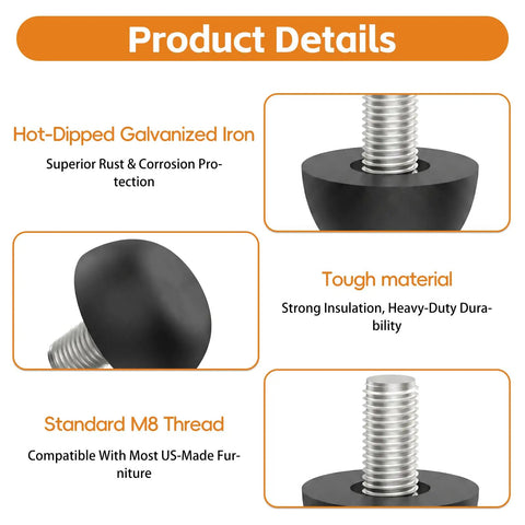 12 Pack M8 Adjustable Furniture Feet in 304 stainless steel leveling screws with detailed features like rust protection and M8 thread.