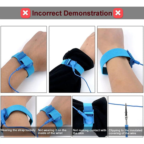 Incorrect use of Adjustable ESD Wrist Strap With Grounding Plug And Coiled Cord Blue shown in images