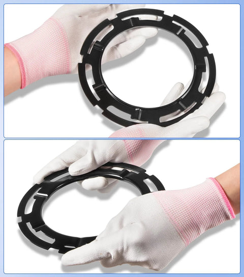 Direct Replacement Fuel Pump Lock Ring For Buick Cadillac Chevrolet Dodge Ford GMC Hummer Isuzu Jeep Lincoln Mazda Pontiac Ram Saab Saturn Suzuki Volkswagen GM Fits OEM Specs, No Fuss Install, Universal Lock Ring Clip being held by gloved hands.
