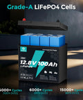 12V 100Ah LiFePO4 Battery With 1280Wh 120A Smart BMS Low Temp Cutoff 15000 Cycles Beefed Up Power For RVs Boats Marine Trolling Motors And Off Grid Solar, Grade-A LiFePO4 Cells Display