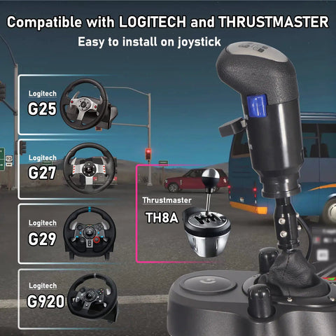 USB Truck Simulator Shifter Knob For ATS And ETS2 PC Racing shown with Logitech and Thrustmaster compatibility labels.