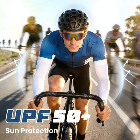 Cyclist wearing 8 Pairs Soft Arm Sleeves With UPF 50 Plus Sun Protection Cooling Compression Arm Covers for Outdoor Work and Sports