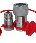 Front view of 1/2-inch Pioneer-style ISO 5675 hydraulic quick-connect couplers with red dust caps