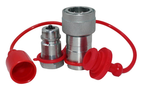 Front view of 1/2-inch Pioneer-style ISO 5675 hydraulic quick-connect couplers with red dust caps
