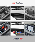 Before and after installation of Center Console Organizer for 2021-2026 Nissan Rogue S SV Rock Creek 8 Inch Screen