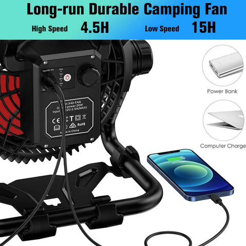 Rechargeable Outdoor Floor Fan Portable Beastly High Velocity Cooling Fan with USB-C charging phone