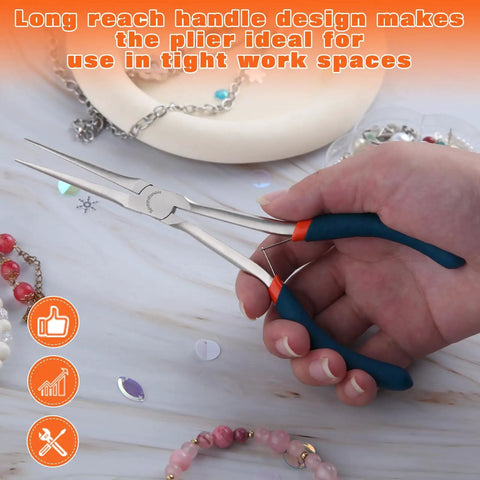 Hand holding 7 Inch Long Needle Nose Pliers For Jewelry Making And Wire Looping, showing smooth jaws and anti slip handles at workspace.