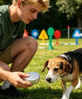 12 Piece Dog Scent Training Kit With Aluminum Bite Resistant Tin For Real Nose Work Outdoors Scent Games And Smell Training For Better Focus Pro Grade Skill Building And Varied Training Environments. Dog and trainer using aluminum tin outdoors