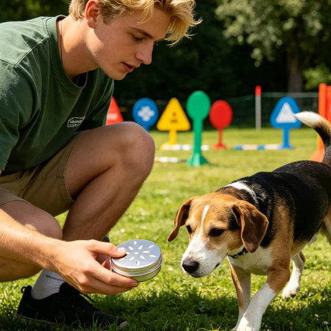 12 Piece Dog Scent Training Kit With Aluminum Bite Resistant Tin For Real Nose Work Outdoors Scent Games And Smell Training For Better Focus Pro Grade Skill Building And Varied Training Environments. Dog and trainer using aluminum tin outdoors