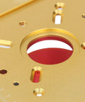 Close-up of Dead Nuts Accurate Manual Router Uplift System aluminum lift plate with router bore hole and measurement markings.