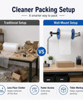 Pro Level Commercial Wall Mounted Foam Wrap Roll Dispenser For Heavy Shipping Packing And Moving With Ridiculously Strong Galvanized Steel Film Rack comparison of traditional setup vs wall-mount setup.