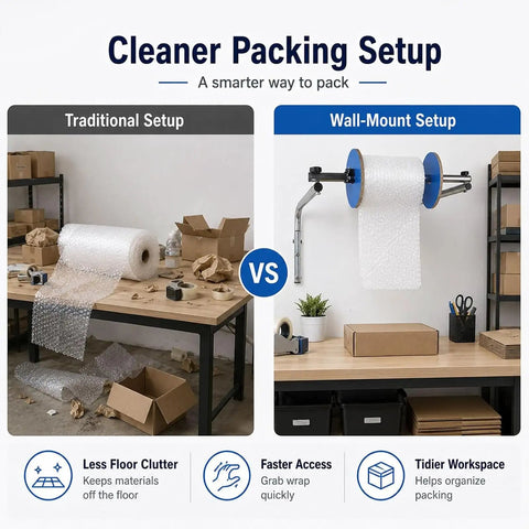 Pro Level Commercial Wall Mounted Foam Wrap Roll Dispenser For Heavy Shipping Packing And Moving With Ridiculously Strong Galvanized Steel Film Rack comparison of traditional setup vs wall-mount setup.