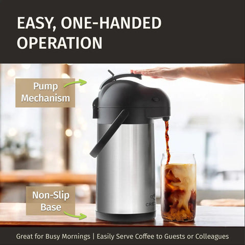 74 Ounce Thermal Coffee Carafe With Pump Keeps Drinks Hot Up To 12 Hours And Cold Up To 36 Hours Vacuum Insulated Stainless Steel Easy One Handed Dispensing Ideal For Office Home Or Party next to a glass of iced coffee