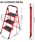 Lightweight 3 Step Folding Ladder With Non Slip Wide Pedals And Handy Handle Beefy Heavy Duty Steel Build Red Finish 333 Lb Capacity Fully Assembled And Ready To Use in open and folded positions with measurements.