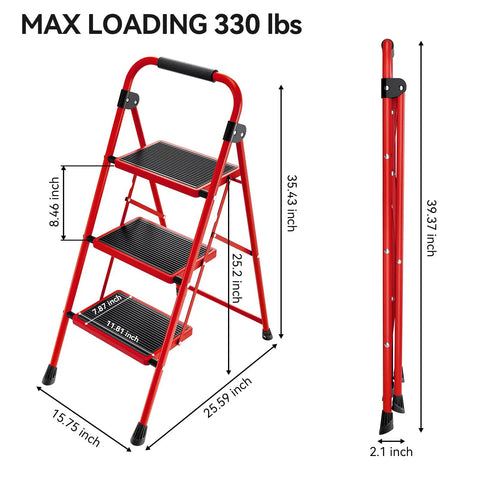 Lightweight 3 Step Folding Ladder With Non Slip Wide Pedals And Handy Handle Beefy Heavy Duty Steel Build Red Finish 333 Lb Capacity Fully Assembled And Ready To Use in open and folded positions with measurements.